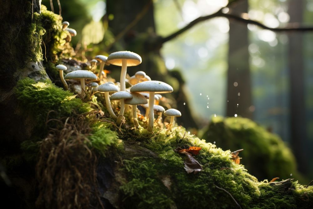 The mossy tree branch covered in mushrooms forest fungus plant. AI generated Image by rawpixel.