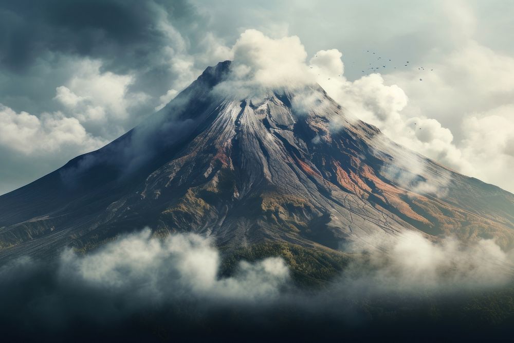 The volcano with the clouds and fog landscape mountain outdoors. AI generated Image by rawpixel.