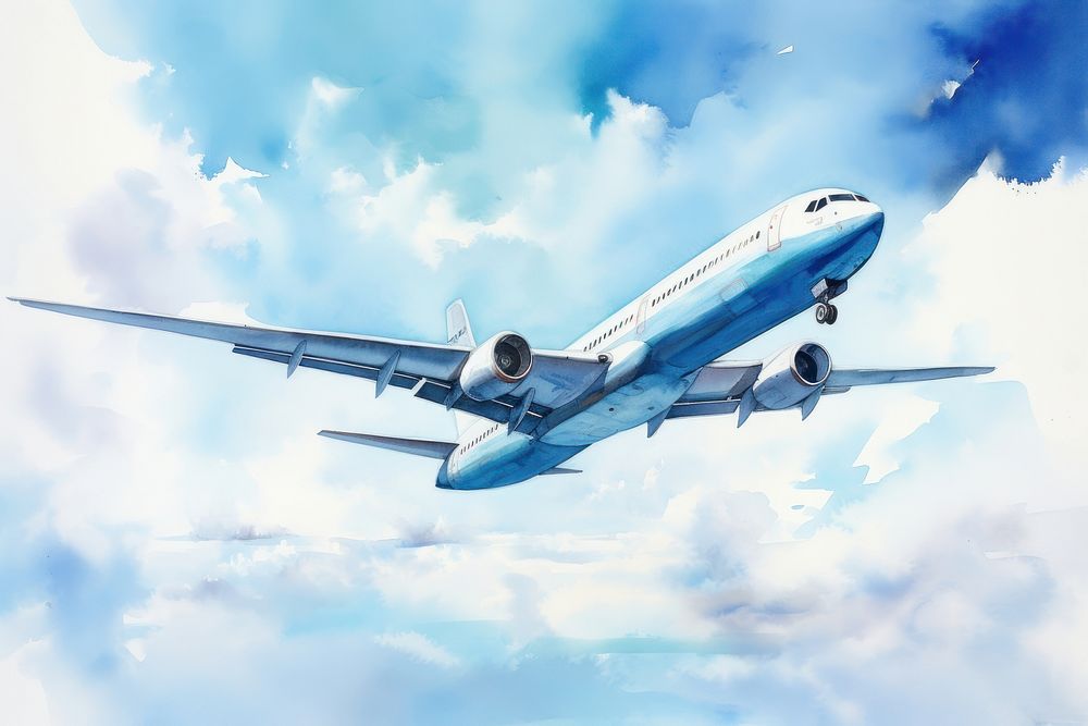 Normal modern airplane sky few clouds watercolor aircraft airliner vehicle. AI generated Image by rawpixel.