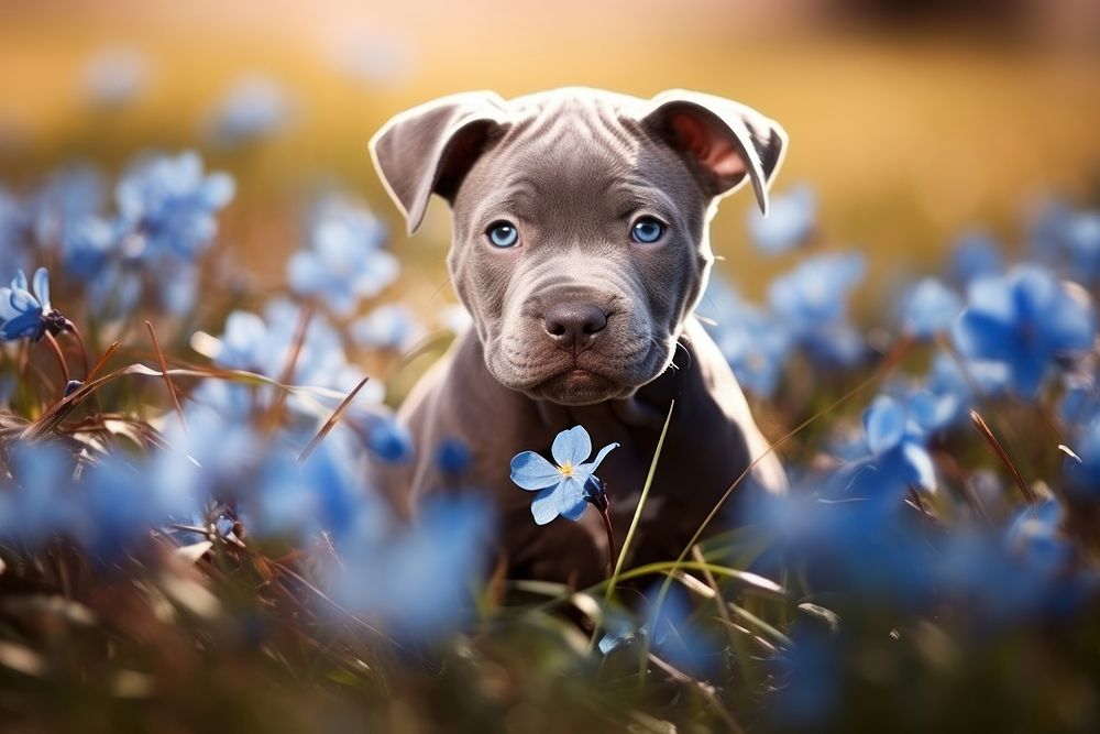 Super cute blue pitbull playing in the field outdoors animal mammal. AI generated Image by rawpixel.