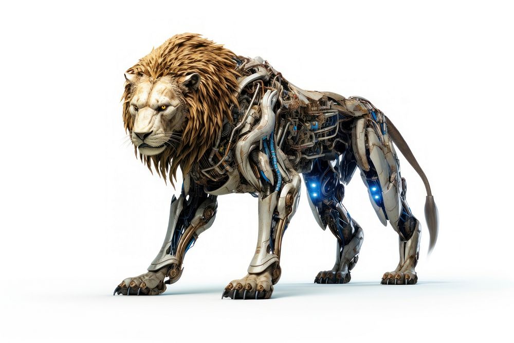 Cyborg lion mammal animal white background. AI generated Image by rawpixel.