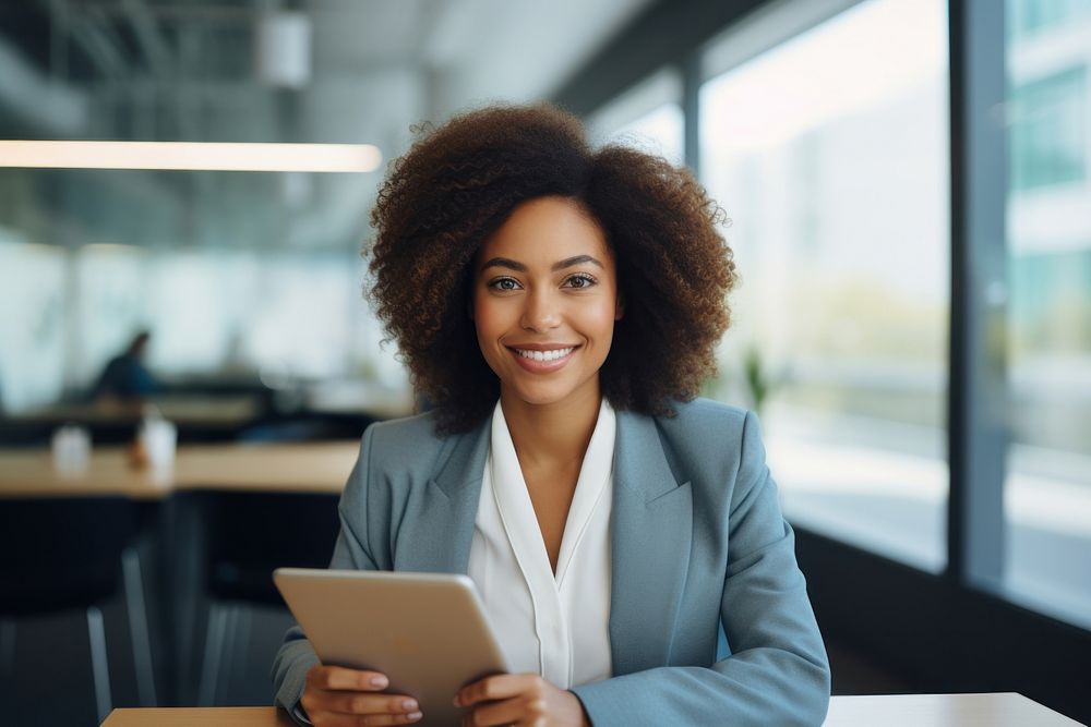 Black business woman computer portrait smiling. AI generated Image by rawpixel.
