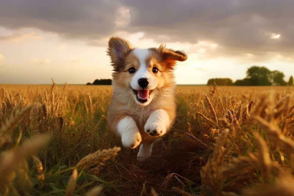 Puppy running in field outdoors mammal animal. AI generated Image by rawpixel.