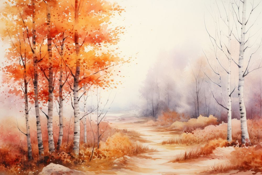 Watercolor forest in autumn few trees landscape outdoors painting. AI generated Image by rawpixel.