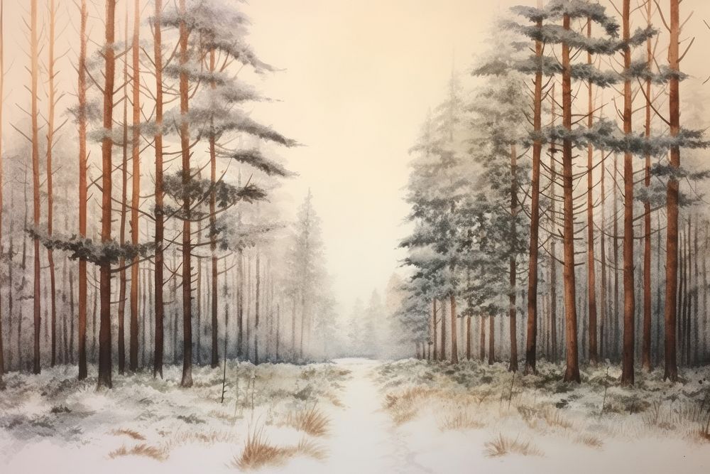 Watercolor forest in winter few trees landscape outdoors woodland. AI generated Image by rawpixel.