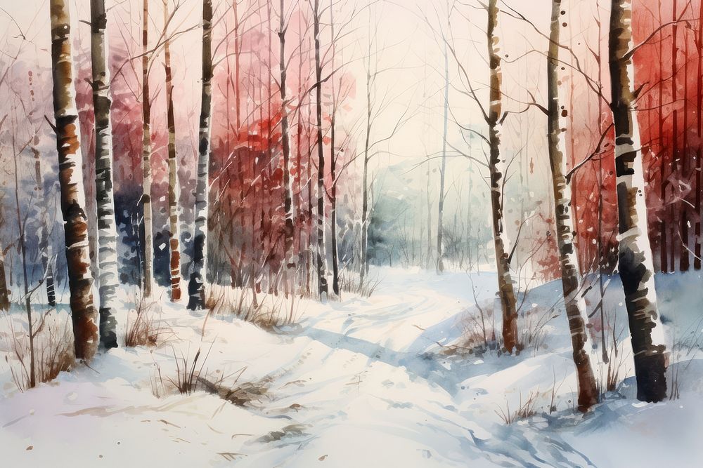 Watercolor forest in winter few trees landscape outdoors painting. AI generated Image by rawpixel.