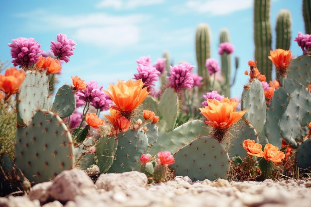 The vibrant colors of the flowers and the muted tones of the cactus landscape outdoors plant. 