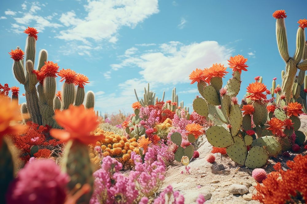 The vibrant colors of the flowers and the muted tones of the cactus landscape outdoors nature. 