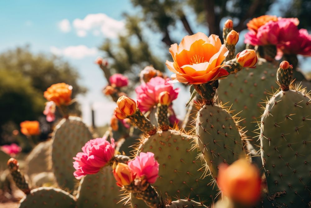 The vibrant colors of the flowers and the muted tones of the cactus landscape plant inflorescence. AI generated Image by…