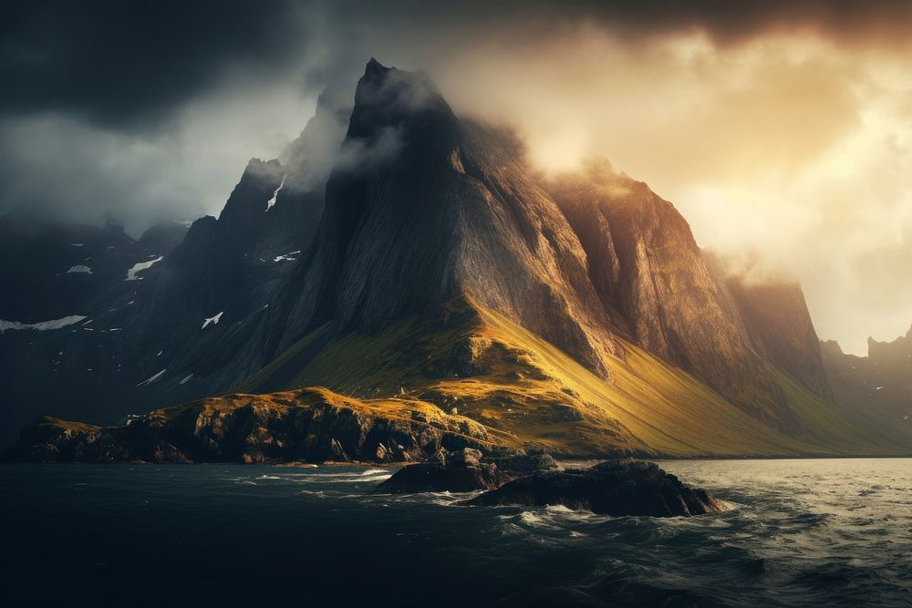 Norwegian mountainscape is cloaked in clouds and mist landscape panoramic outdoors. AI generated Image by rawpixel.