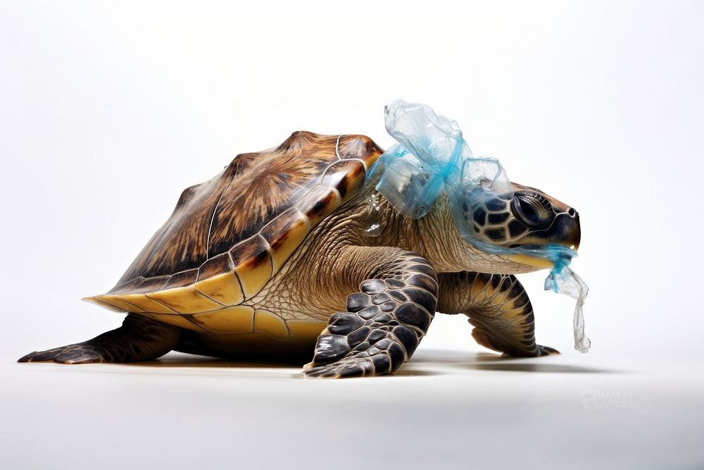 Turtle eating plastic reptile animal wildlife. AI generated Image by rawpixel.