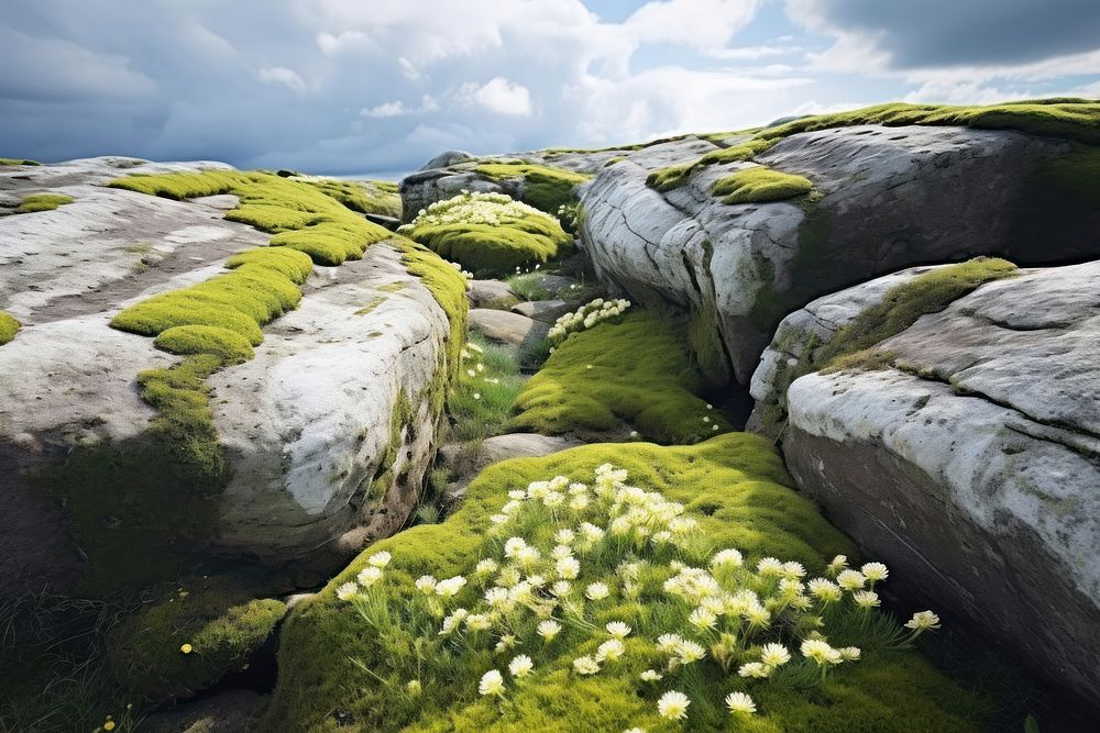 The large rocks adorned with moss and green plants featuring white flowers landscape outdoors nature. AI generated Image by…