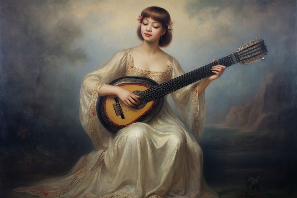 Chinese noble woman singing painting art guitar. AI generated Image by rawpixel.