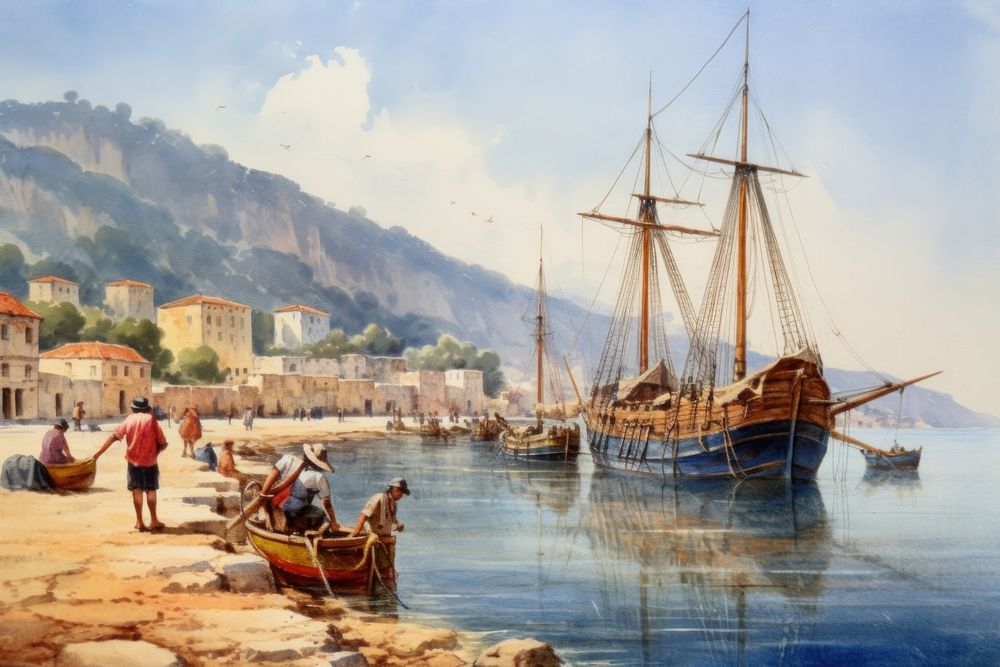Greek coastal port painting watercraft sailboat. AI generated Image by rawpixel.