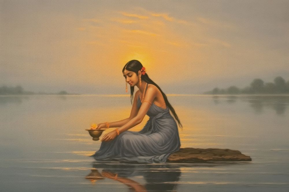 River Ganga outdoors painting sitting. AI generated Image by rawpixel.