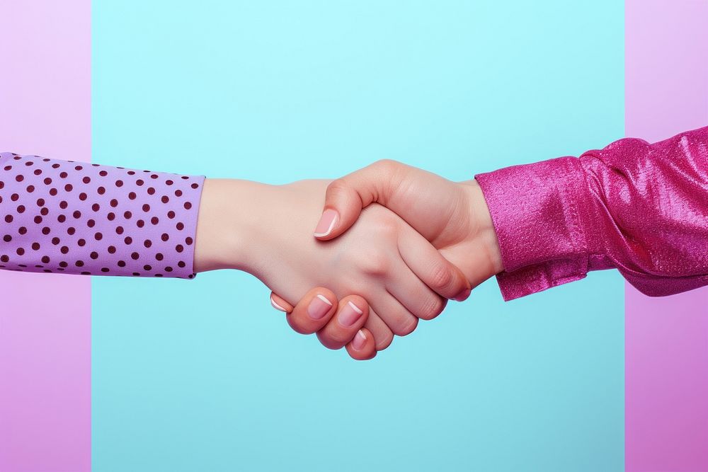 Both women shake hands handshake purple pink. AI generated Image by rawpixel.