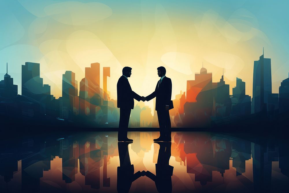 Businessmen making handshake adult city togetherness. AI generated Image by rawpixel.