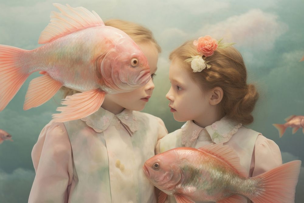 Two fish animal child togetherness. AI generated Image by rawpixel.