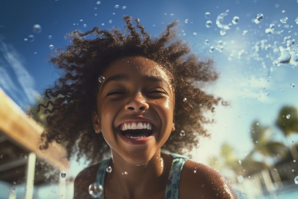 Playing in water park summer laughing portrait. AI generated Image by rawpixel.