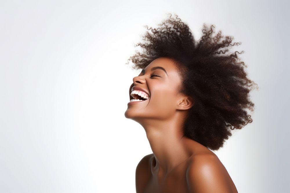 Young black woman laughing adult white background perfection. AI generated Image by rawpixel.
