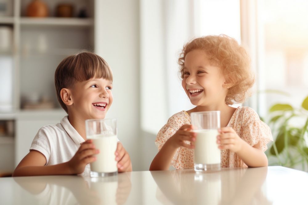 Young brother and sister drinking a glass of milk in kitchen happy togetherness refreshment. AI generated Image by rawpixel.