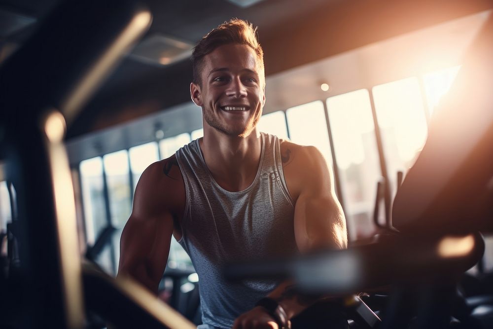 A man exercising in fitness gym for good health equipment adult happy. AI generated Image by rawpixel.