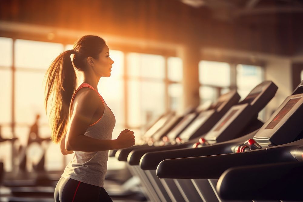 A Woman exercising in fitness gym for good health treadmill equipment sports. AI generated Image by rawpixel.
