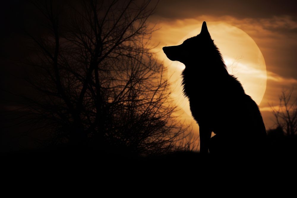 Wolf silhouette backlighting mammal. AI generated Image by rawpixel.