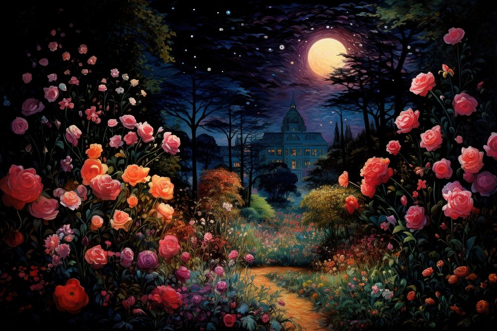 Rose garden at night astronomy outdoors painting. 