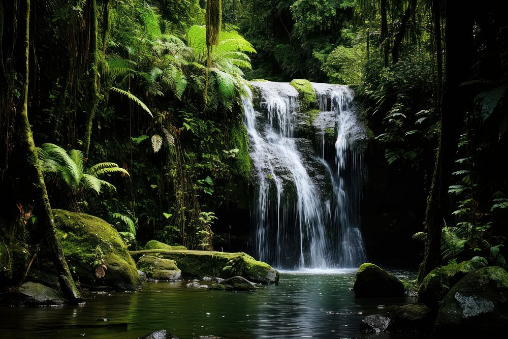 Waterfall in the Rainforest photo waterfall vegetation rainforest. AI generated Image by rawpixel.