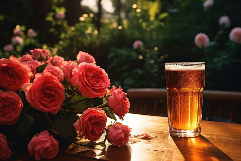 glass beer rose outdoors flower. | Premium Photo - rawpixel