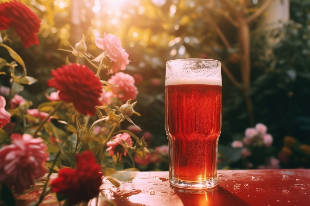 A glass of beer drink table red. AI generated Image by rawpixel.