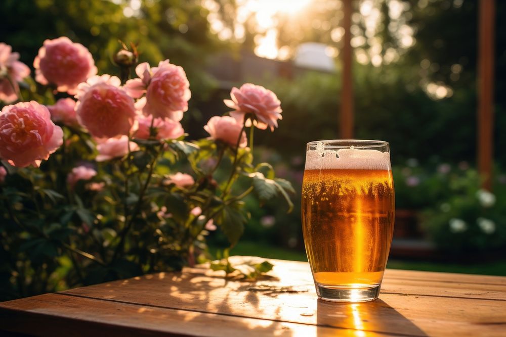 A glass of beer outdoors flower nature. AI generated Image by rawpixel.