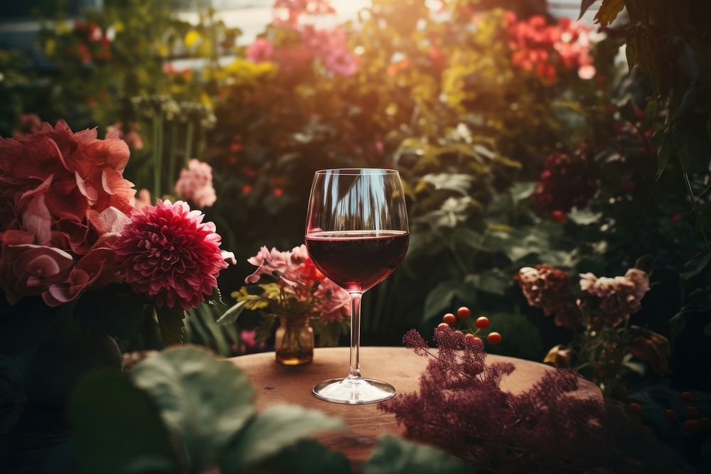 A glass of red wine outdoors flower nature. AI generated Image by rawpixel.