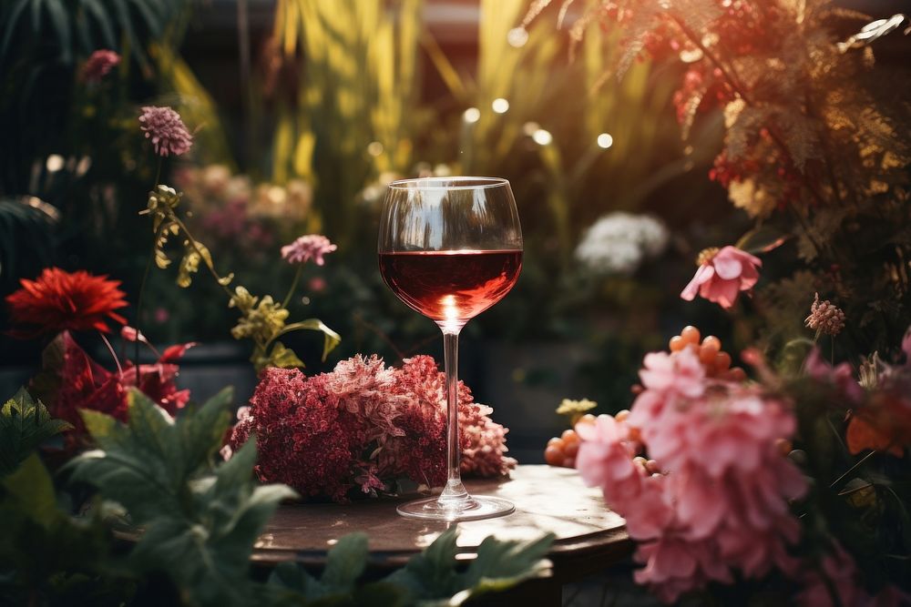 A glass of red wine outdoors flower nature. AI generated Image by rawpixel.
