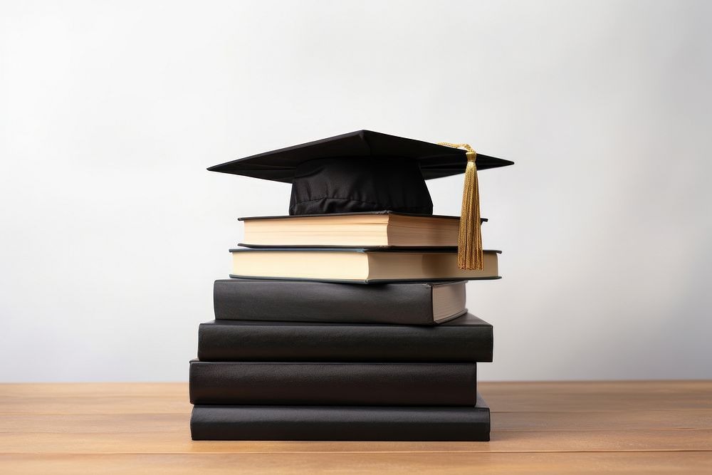 Graduation cap on pile of books publication intelligence mortarboard. AI generated Image by rawpixel.