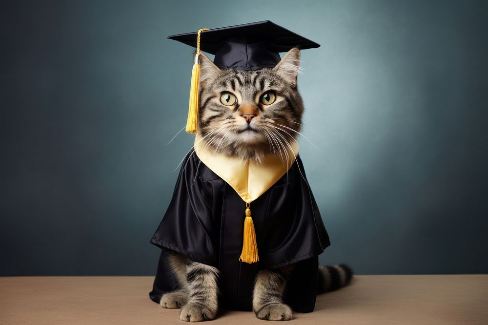 Funny cat wearing a graduation gown portrait animal mammal. AI generated Image by rawpixel.