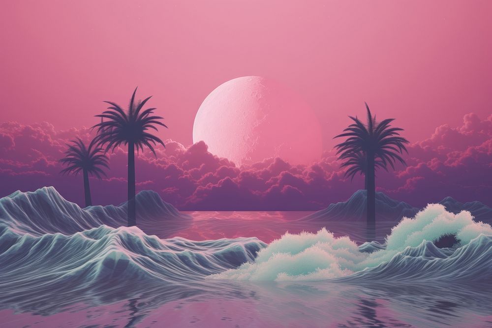 Aesthetic vaporwave wallpaper outdoors nature ocean. AI generated Image by rawpixel.