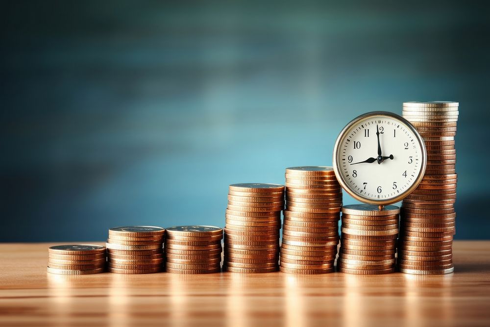 Alarm clock between the stack of increasing coins money blue investment. AI generated Image by rawpixel.