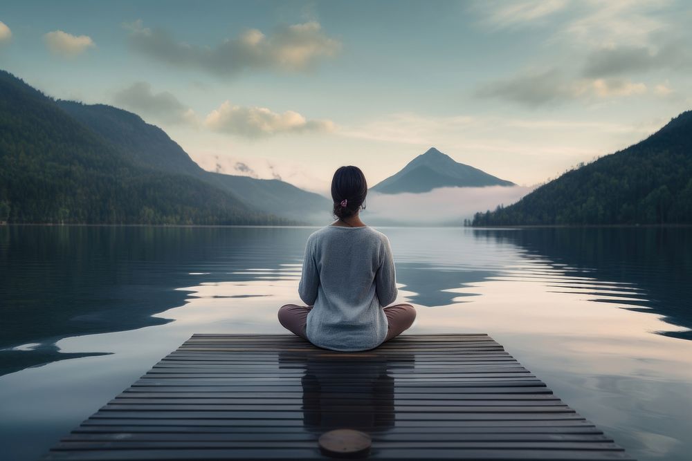 Woman doing meditation outdoors sitting nature. AI generated Image by rawpixel.