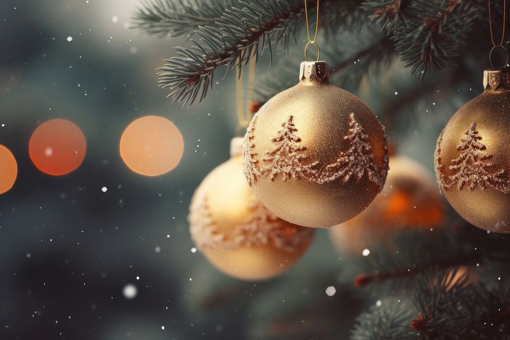 Christmas decorations hanging on an in frosted christmas tree gold illuminated celebration. AI generated Image by rawpixel.