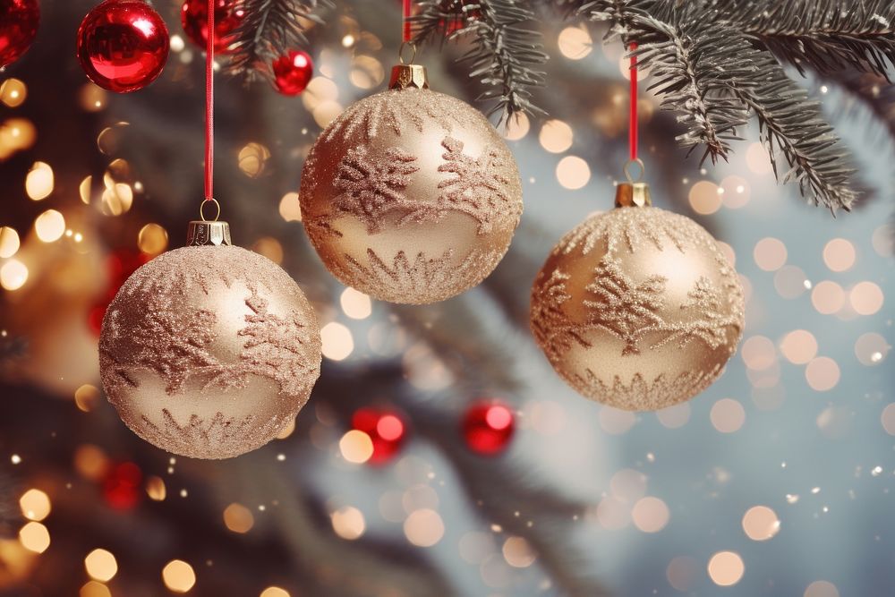 Christmas decorations hanging on an in frosted christmas tree gold red illuminated. AI generated Image by rawpixel.