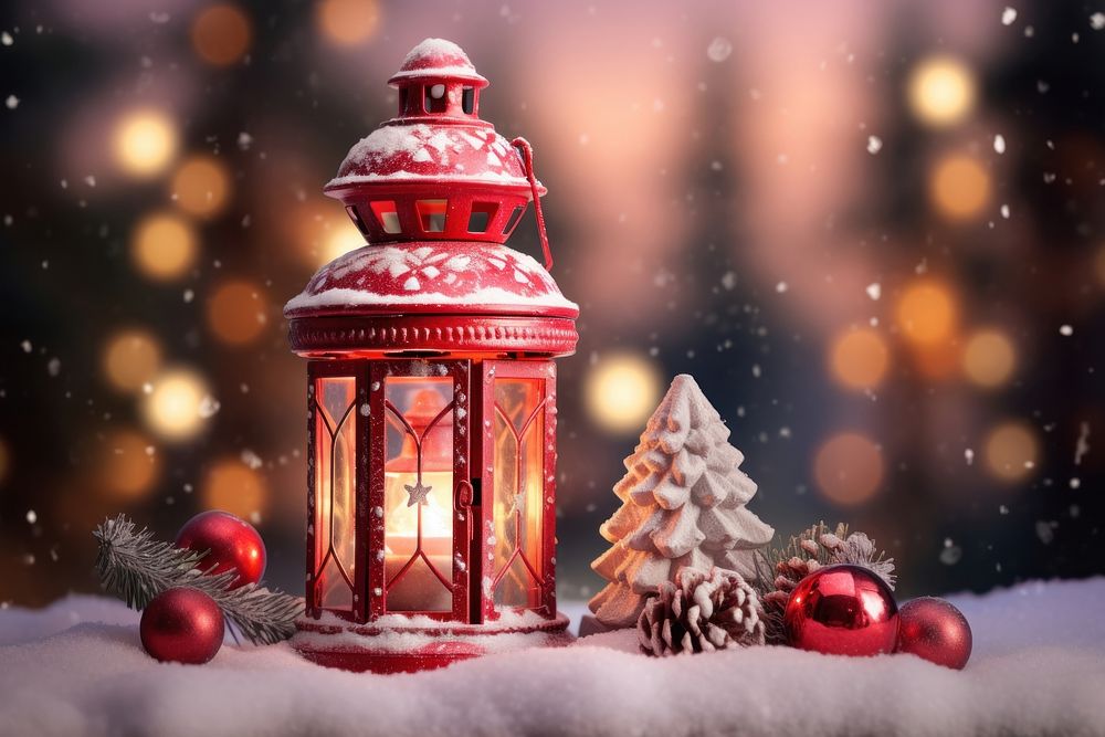 Christmas red lantern with candycane and snowman doll decorations outdoors light confectionery. AI generated Image by…