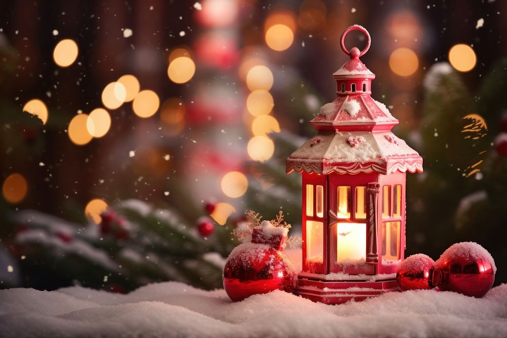 Christmas red lantern with candycane and snowman doll decorations architecture light pink. AI generated Image by rawpixel.