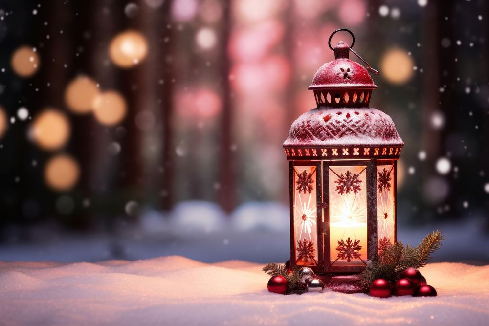 Christmas red lantern with cute decoration snow outdoors winter. AI generated Image by rawpixel.