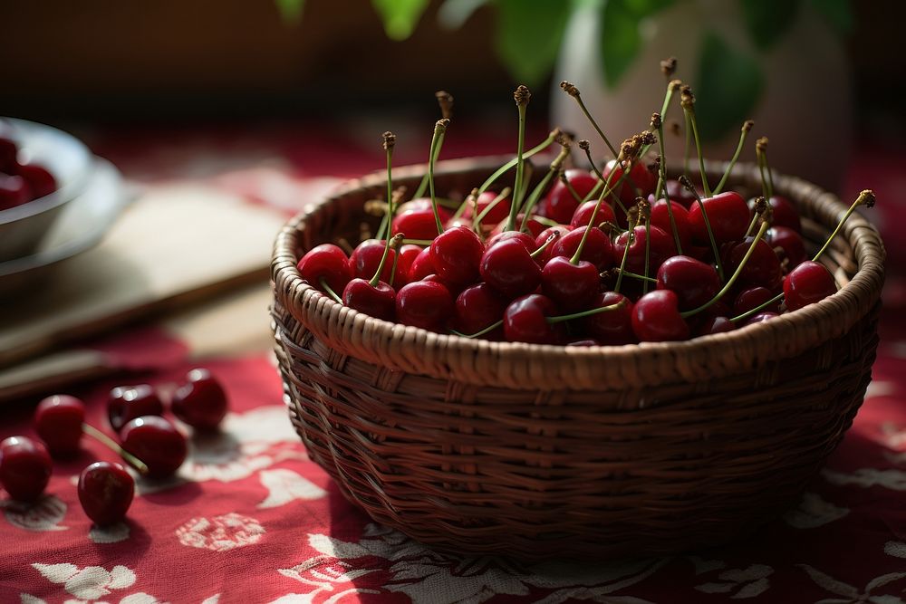 Cherry basket fruit table. AI generated Image by rawpixel.