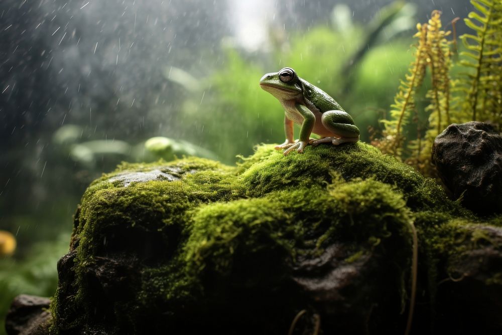 Rainforest frog moss amphibian. AI generated Image by rawpixel.