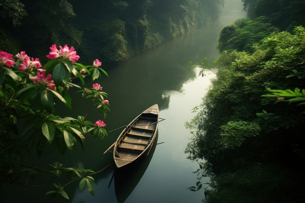 Rainforest green boat landscape. AI generated Image by rawpixel.