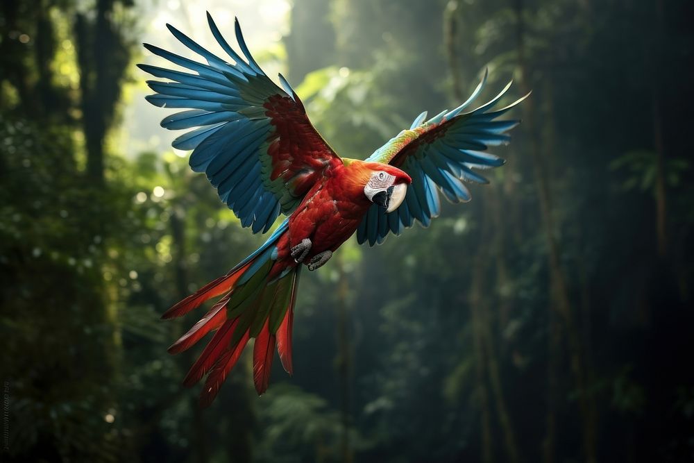 Rainforest animal parrot flying. AI generated Image by rawpixel.