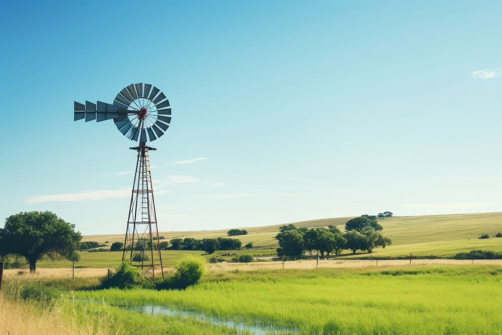 Windmill outdoors nature field. AI generated Image by rawpixel.